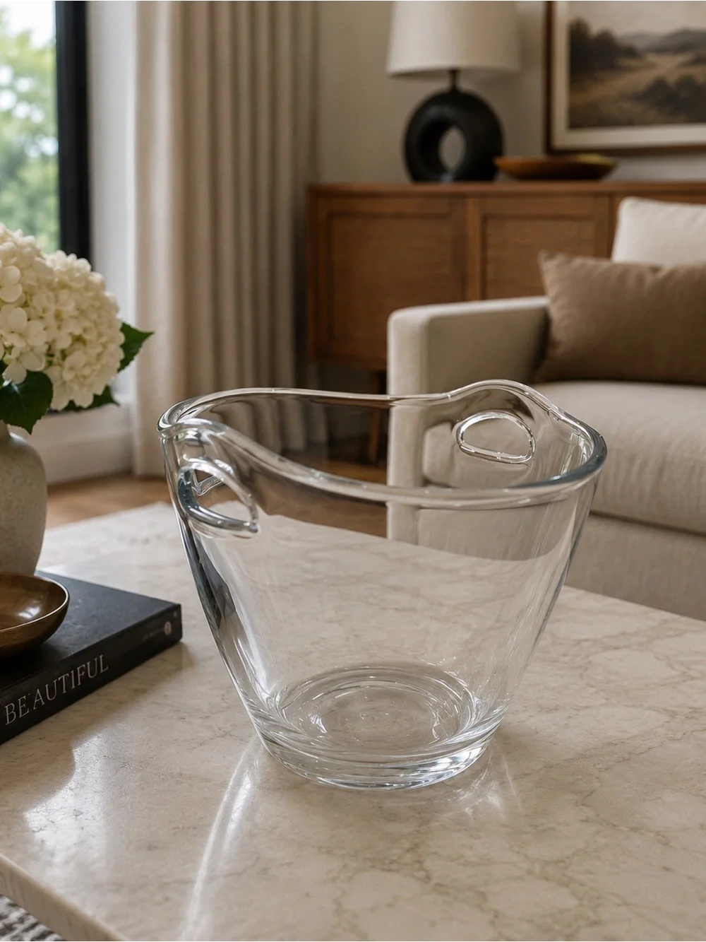 7” hand blown Clear Glass Ice Bucket with Side Handles